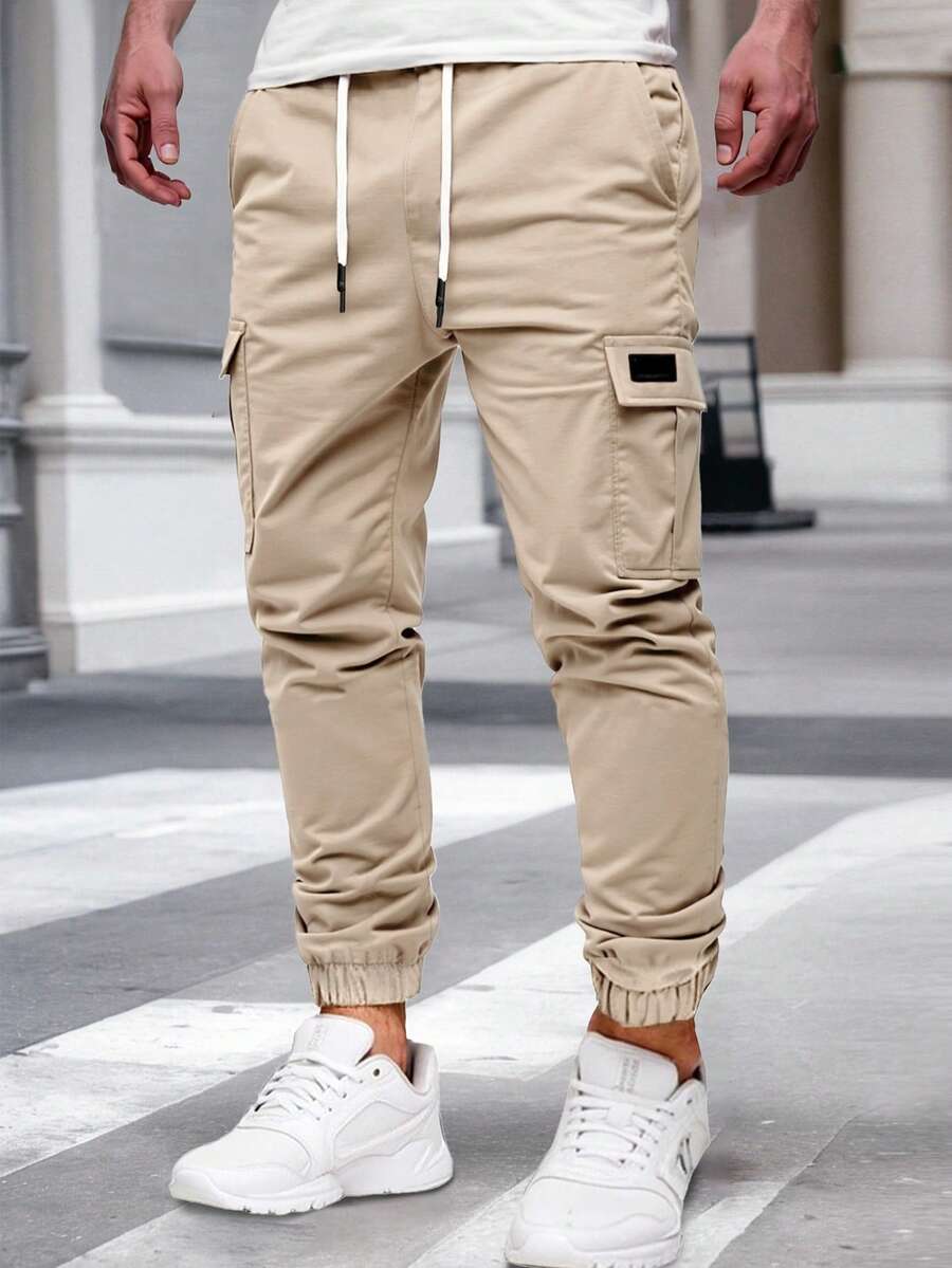 Manfinity Homme 加大码男士纯色休闲工装裤,适合日常休闲穿着、周末郊游、户外活动、旅行、探险以及年轻社交场合。 - 杏色 - 查看 1