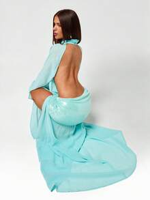 SHEIN ICON Chân váy nữ xẻ cao, đính sequin và phối nhiều mảnh, kiểu dáng gợi cảm, thích hợp cho kỳ nghỉ hè. - Màu xanh nhạt - Xem 7