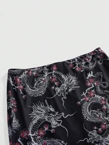 ROMWE Avant Summer Outfits Oriental Aesthetic New Chinese Style Dragon Pattern Print Mesh Bodycon Mermaid Skirt, Plus Size - Black - View 8