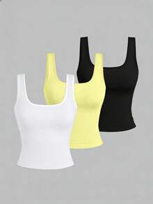 EMERY ROSE 大码女式休闲圆领吊带背心，时尚大码女式上衣，大码女式吊带背心三件套，夏季 - 彩色 - 查看 1