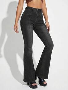 DAZY Women's Fashion Washed Pocket Flare Jeans - Black - View 5
