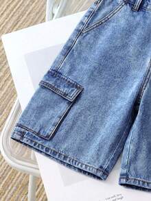 SHEIN Little Byeori 2Pcs Tween Boy Fashion Casual Y2k Vintage Cool Street A 2-Piece Set Featuring A Comfortable And Soft Black Washed-Out Denim Short-Sleeved Shirt And Multiple Pockets Loose And Comfortable Denim Shorts For Kids Clothes Tween Boy Dailywear And Kids Spring And Summer Rave Outfits Festival And Outfits Streetwear Clothes - Medium Wash - View 3