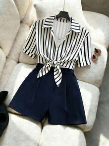 Franclia 女士休闲条纹衬衫套装 - 藏蓝色 - 查看 1