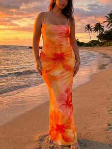 Veykashi 大码女士优雅夏威夷风情印花露背连衣裙，夏季沙滩装，女士海滩度假装，波西米亚热带度假套装 - 橘色 - 查看 1