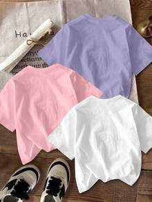 Set de 3 camisetas básicas de manga corta con estampados gráficos de símbolos de música, corazones y letras de un grupo virtual de chicas, en colores negro/rosa/morado, cómodas para uso diario, adecuadas para primavera, verano y otoño - Multicolor - Ver 2