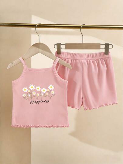Bộ đồ hai mảnh in họa tiết hoa cúc cho bé gái, áo hai dây và quần short viền bèo nhún, thoải mái và dễ thương, phù hợp cho mặc hàng ngày, mùa xuân, hè, thu, đông.
