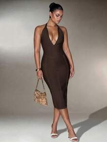 Nuvra Plus Size Sexy V-Neck Backless Bandage Bodycon Dress - Coffee Brown - View 8
