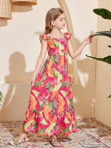 SHEIN 少女热带植物印花短袖连衣裙 - 彩色 - 查看 4