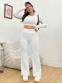 Solflare White Knit High-Waisted Flare Pants For Women - White - View 5
