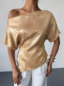 Firerie Women's Elegant Sophisticated Urban Chic Off-Shoulder Asymmetric Hem Metallic Coated Gold Blouse,Summer Top For Seductive Party Night Valentine's Day - Khaki - View 3