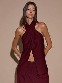 SHEIN BAE Women's Solid Brown/Coffee Color Elegant Halter Backless Blouse, Wrap Style Shirt For Autumn/Winter,Summer Top - Burgundy - View 5
