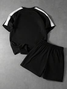 PAVTROS Plus Size Men's Casual Color Block T-Shirt And Shorts Set, Summer, Y2K, Holiday, Retro, Boys Street Style New Year, Black & White Reflective Stripe Color Block Round Neck T-Shirt Set, Holiday Gift, Best Gift - Black - View 2