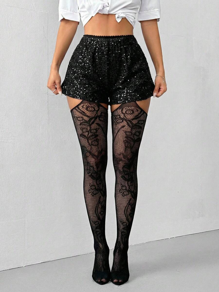SHEIN Slayr Pattern Stockings Black Lace Pattern Tights Fishnet Pattern Tights Gothic Tights Pattern Mesh - Black - View 1