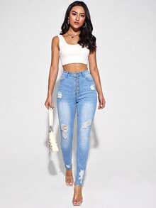 SHEIN ICON Casual Washed Distressed Slim Fit Denim Jeans - Blue - View 5