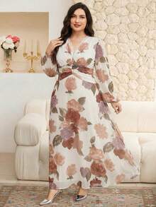 Modelyn Plus Size Women Floral Contrast Lace V-Neck Lantern Sleeve Elegant Dress - Apricot - View 5