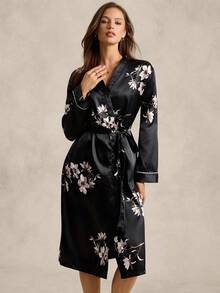 Floral Print Belted Satin Robe Luxe Loungewear, Cozy And Elegant Details, Fall & Winter - Black - View 3
