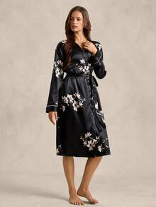 Floral Print Belted Satin Robe Luxe Loungewear, Cozy And Elegant Details, Fall & Winter - Black - View 4