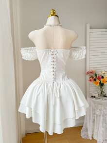 Comfortcana Đầm mini dáng chữ A bằng chiffon màu trắng xếp ly, phối eo, bèo nhún, trễ vai, gấu đầm xếp lớp, cỡ lớn, thích hợp cho mùa xuân/hè. - trắng - Xem 3