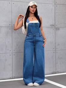 SHEIN Tall 女款素色斜口袋休閒寬鬆牛仔吊帶褲，適合高個女性 - 中等水洗藍 - 查看 3