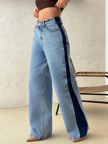 SHEIN High Rise Side Stripe Detailed 90's Light Blue Wash Loose Straight Leg Denim Jean - Light Wash - View 2