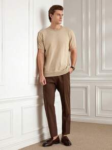 Officeau Suéter informal de manga corta de punto de unicolor para hombre, para primavera/verano - Caqui - Ver 7