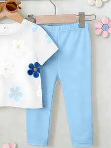 Set de 2 piezas: Camiseta de manga corta con cuello redondo y estampado floral + Leggings de unicolor, conjunto de verano casual y lindo para niña - Multicolor - View 5