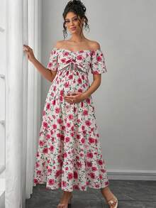 Momance 孕妇优雅印花露肩抽绳褶皱短款上衣和高腰层叠下摆半身裙两件套，夏季 - 彩色 - 查看 1