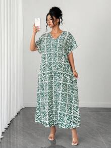 Elenzga Plus Size Fashionable Commuter All-Over Print Dress - Multicolor - View 4