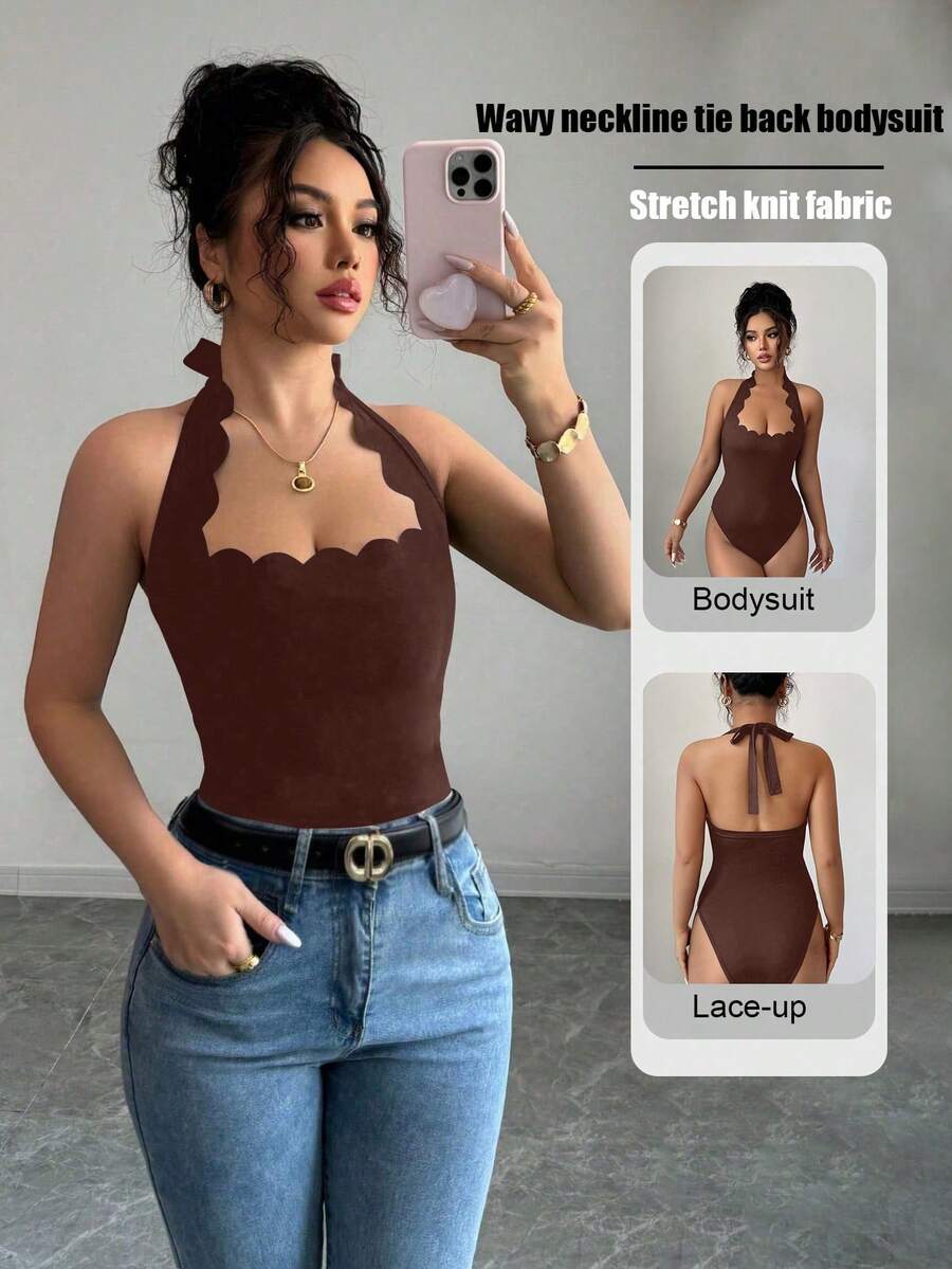 Gloray Mono de vacaciones sexy negro con cuello halter, volantes y ajuste ceñido para estilizar la figura - Marrón - Ver 1