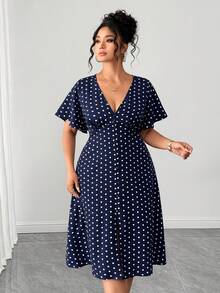 Elenzga Große Größen Kleid mit Polka Punkt Muster, V-Ausschnitt und Kurzarm - marineblau - Übersicht 3