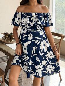 SHEIN Maternity Off Shoulder Floral Print Ruched Fashion Vacation Dress - Navy Blue - View 4