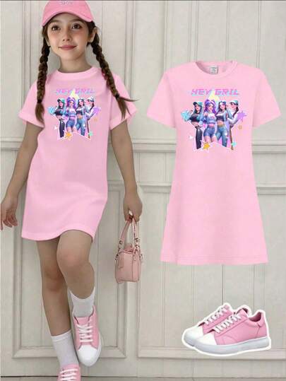 Spring And Summer Girls' Casual Fashionable Creative Personality Refreshing Minimalist Cool Virtual Girl Group Colorful Pentagram Star Graphic Letter Slogan Print Casual Basic Short Sleeve T-Shirt Dress, Comfortable Daily Wear. Cozy Summer And Fall Styles Suitable For Spring, Summer, Autumn Seasons Girls' Outfits, Sets