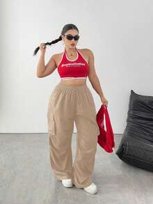 SHEIN Tall CURVE 大码女式休闲时尚街头风日常通勤简约百搭抽绳腰宽松阔腿工装裤 - 卡其色 - 查看 3