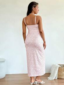 SHEIN Pink Maternity Dress Summer Boho Holiday Elegant Ditsy Floral Highly Elastic Comfortable Casual Sleeveless Hollow-Out High Slit Pregnant Clothes - Pink - View 2
