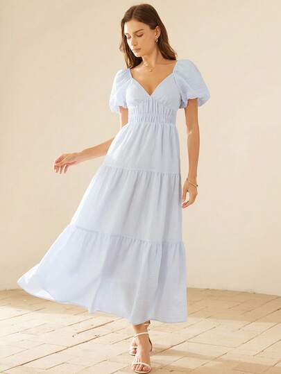 Aveloria Rosie V-Neck Textured Plaid Petal Sleeve Cinched Waist Dress, Elegant Vacation Style