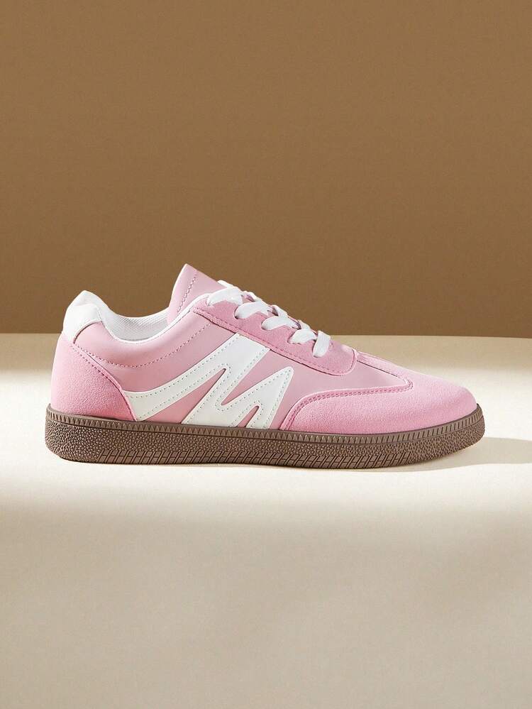 CUCCOO EASI Women's Lace-Up Splicing Pattern Round Toe Flat-Bottomed Casual Sneakers Comfortable Daily Outdoor Casual PU Leather Pink Casual Sneakers