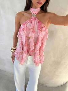 Aloruh 女士优雅多层荷叶边立领修身背心 - 粉色 - 查看 6