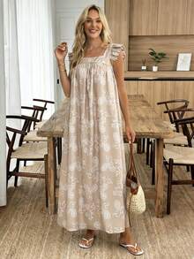 Louniche Đầm dài dáng rộng cho nữ, họa tiết thời trang, tay bồng, kiểu dáng thường ngày thoải mái cho kỳ nghỉ hè, đa năng cho cả mặc hàng ngày và đi chơi. - Màu Khaki - Xem 4