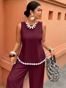 Weeklong Bộ jumpsuit không tay xẻ tà phối màu tương phản dành cho nữ cỡ lớn, trang phục thường ngày đi nghỉ mát, thời trang đường phố. - Màu Đỏ Sâu - Xem 3
