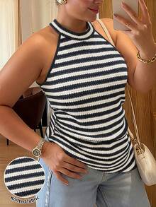 Vionelle 大码女士优雅法式休闲条纹印花吊带衫 - 藏蓝色 - 查看 1