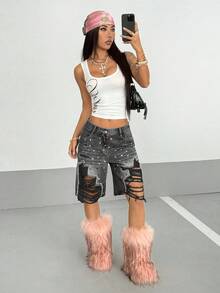 StreetHx Shorts vaqueros con strass desgastados estilo Y2K - Gris - Ver 5