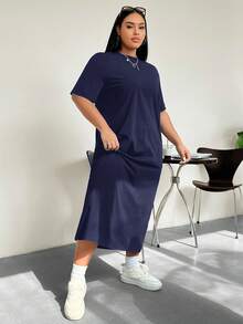 SHEIN EZwear 夏季大码休闲纯色T恤裙 - 藏蓝色 - 查看 9