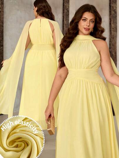 Roveilla Plus Size Women's Yellow Chiffon Dress With Ruffled Collar, Back Tie, Waist Gathering, Flowy Skirt, Sleeveless, Long Dress. Versatile For Office, Beach, Casual Wear, Romantic Vintage Style