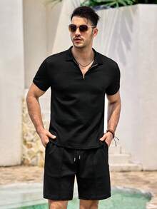Mercer Haus Men's Summer Casual Solid Color Textured Fabric Half Zip Short Sleeve Polo Shirt & Shorts Set , Suitable For Summer Tropical Holiday Vacation In Hawaii. - Black - View 4