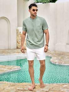 Mercer Haus 2pcs Set Men Green Short Sleeve Shirt & White Shorts With Pocket , Suitable For Summer Tropical Holiday Vacation In Hawaii. - Green - View 3