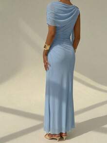 Aloruh Đầm xếp ly ôm dáng thanh lịch dành cho nữ, màu trơn, thích hợp cho tiệc tùng. - Màu xanh nhạt - Xem 2