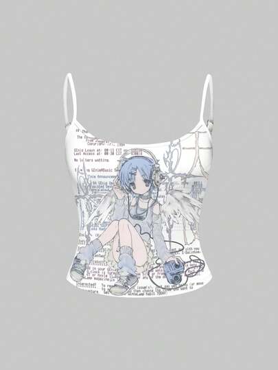 ROMWE Summer Casual Anime Girl Cartoon Print Camisole
