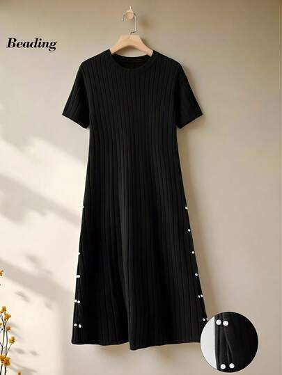 Rusticease 女士休闲纯色罗纹短袖连衣裙