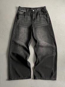 Manfinity EMRG 男士休闲宽松阔腿黑色牛仔裤 - 黑色 - 查看 2