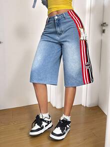 StreetHx Quần jeans nữ dáng lửng 7/8, kiểu dáng đường phố đa năng, phối nhiều mảnh vải, thích hợp cho mùa xuân/hè. - Rửa trung bình - Xem 4